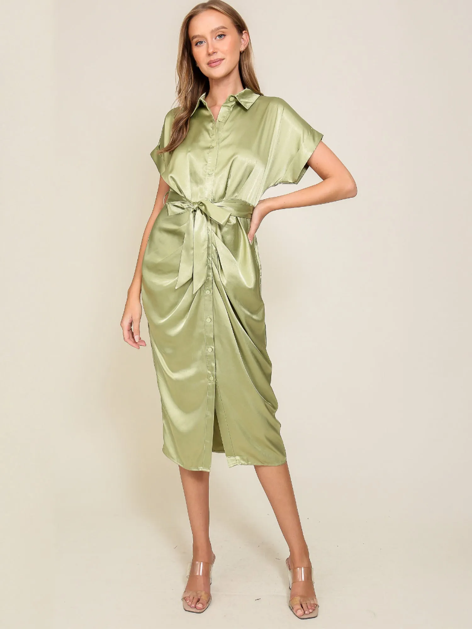 Ruched Tie Waist Shirt Midi Dress