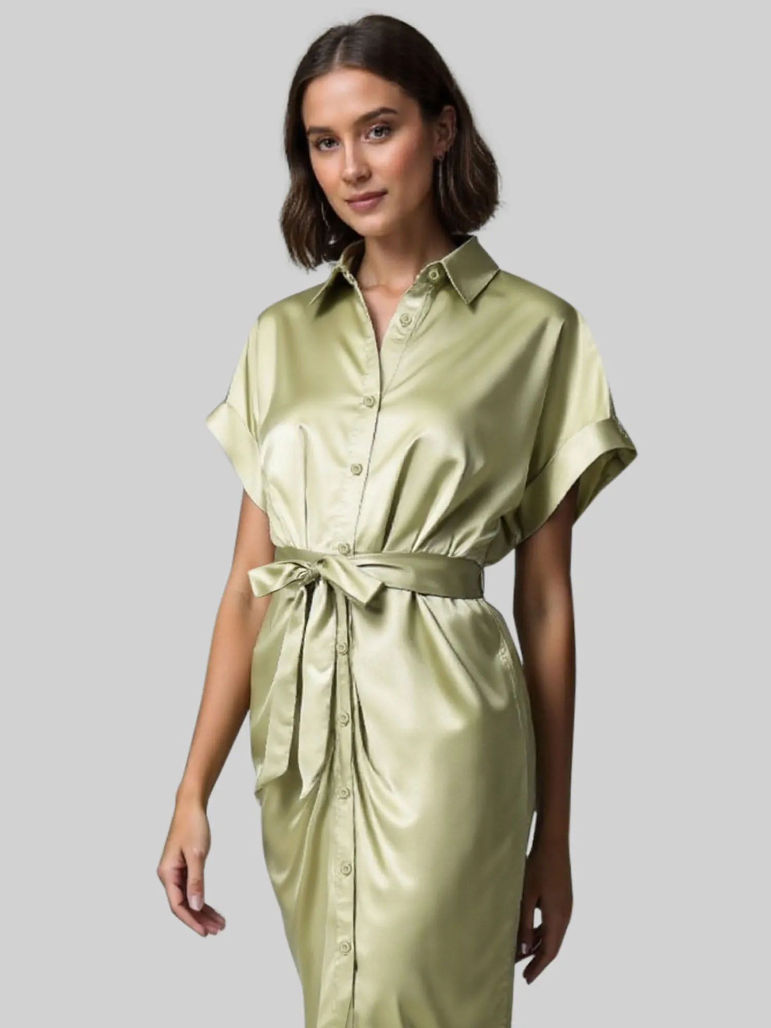 Ruched Tie Waist Shirt Midi Dress