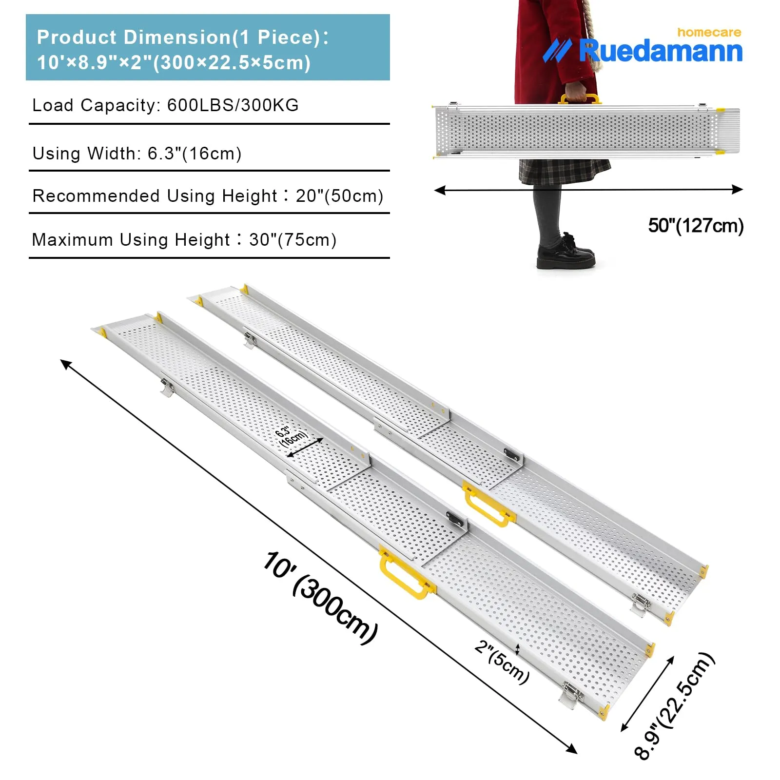 Ruedamann® 8.9" W Adjustable Three Section Wheelchair Ramp 1 Set