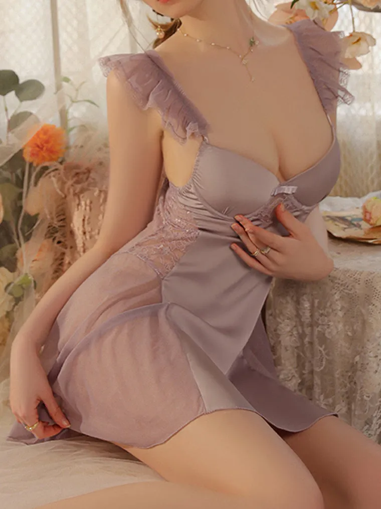 Ruffle Straps See Through Mesh Detail Slip