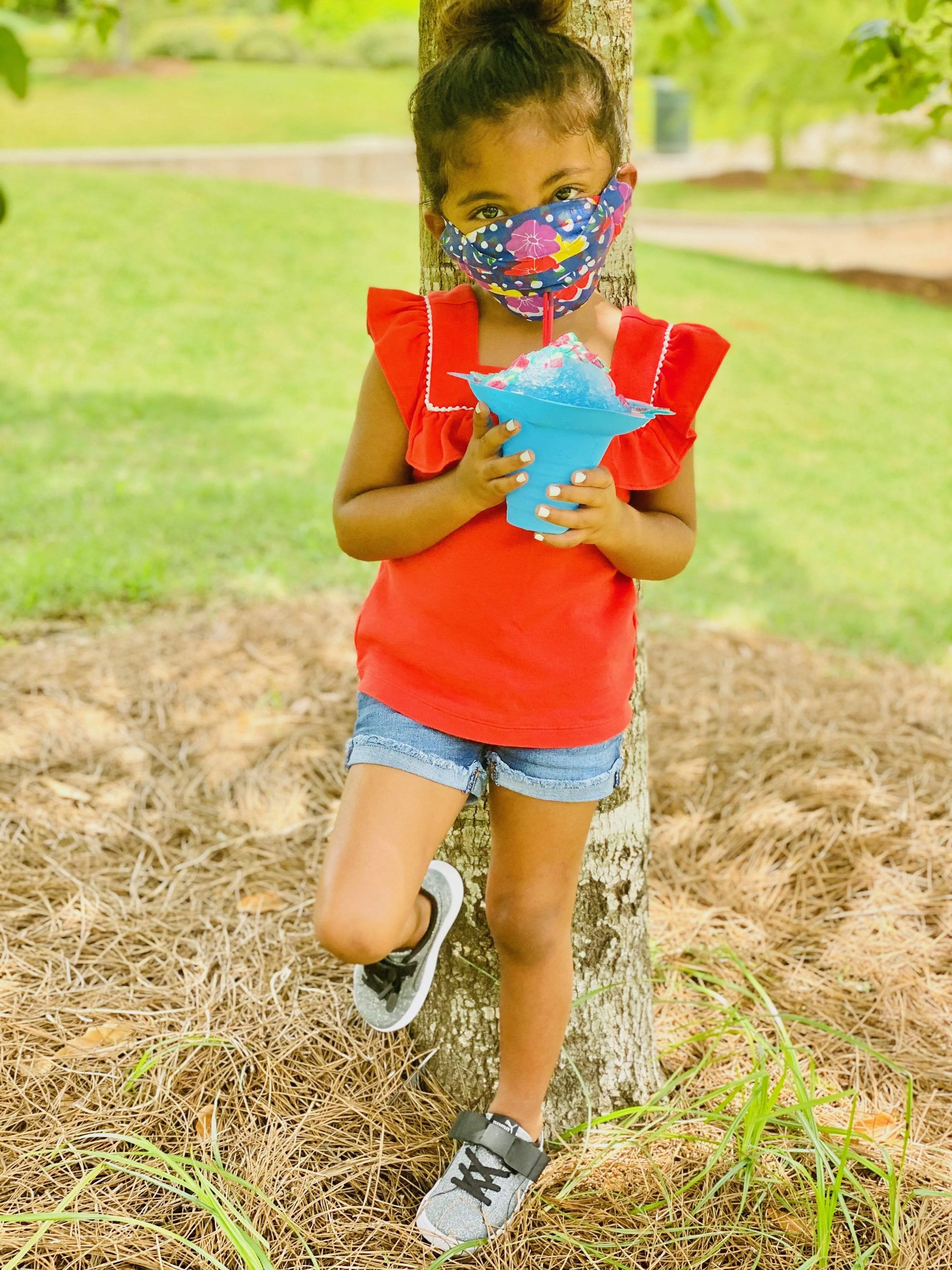 Safely Sip Mask in Ice Blue Gingham