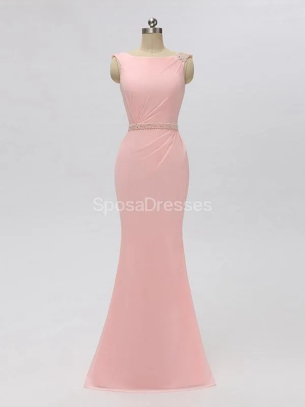 Scoop Pink Chiffon Mermaid Long Cheap Bridesmaid Dresses Online, WG604