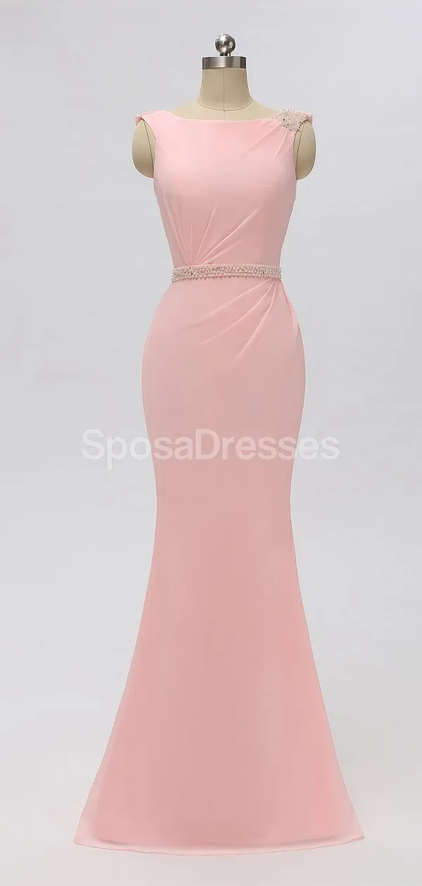 Scoop Pink Chiffon Mermaid Long Cheap Bridesmaid Dresses Online, WG604