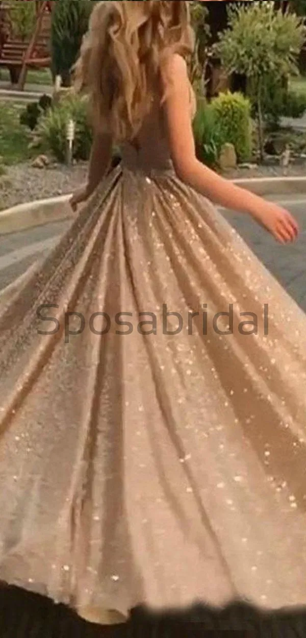 Sequin Sparkly Shining A-line Sleeveless Pincess Modest Long Prom Dresses PD1596