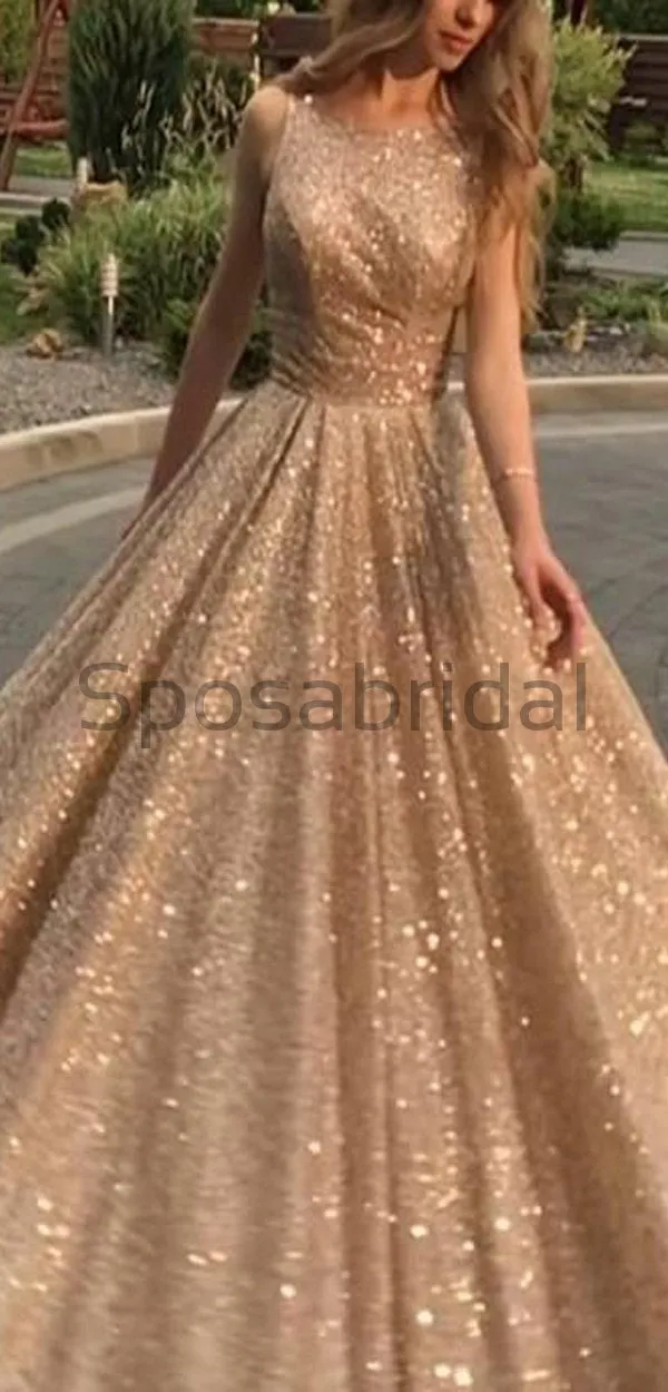 Sequin Sparkly Shining A-line Sleeveless Pincess Modest Long Prom Dresses PD1596