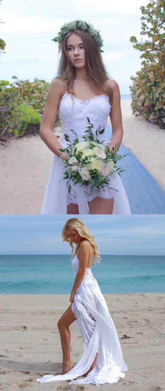 Sexy Beach Spaghetti Straps Simple Lace Chiffon Wedding Dress With Train, WD0381