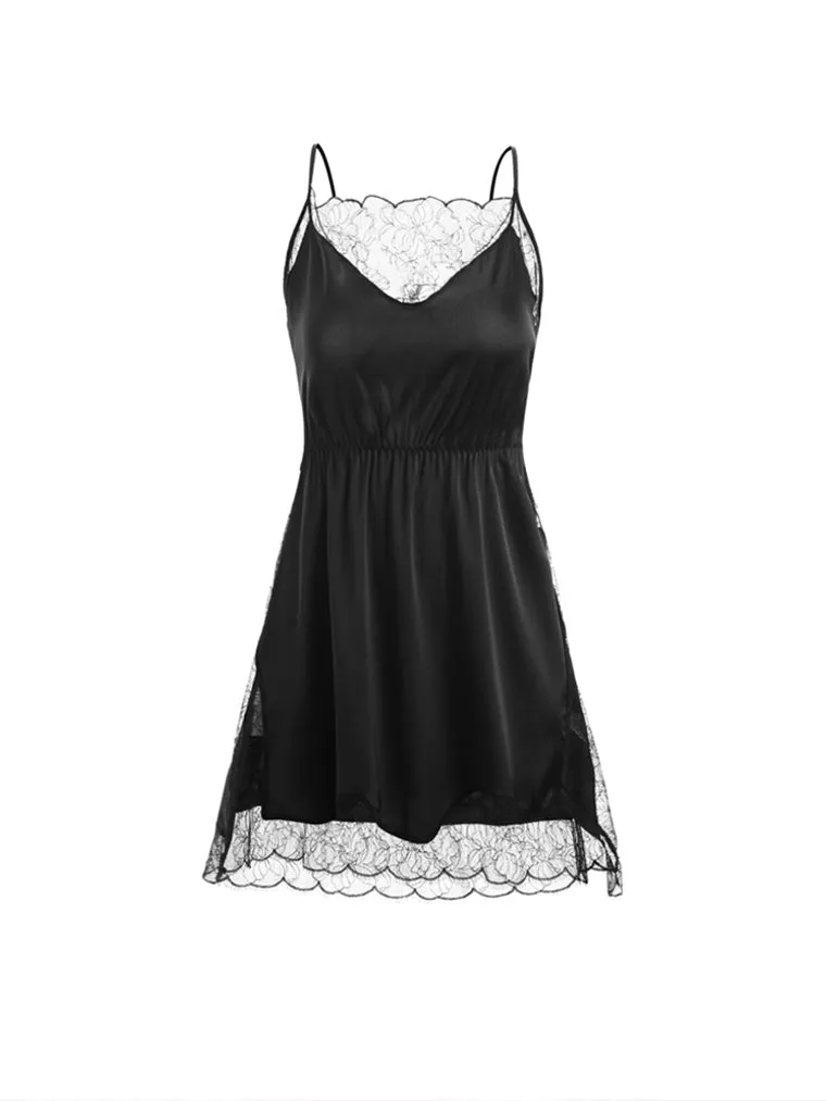 Sexy Black Silky Lace-Trim Slip