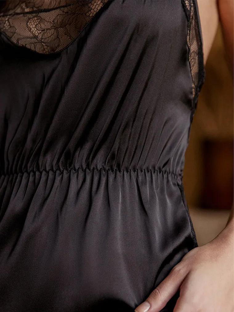 Sexy Black Silky Lace-Trim Slip