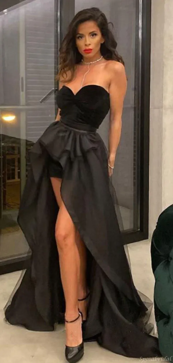 Sexy Black Sweetheart Strapless Asymetric Long Prom Dress, PD3175