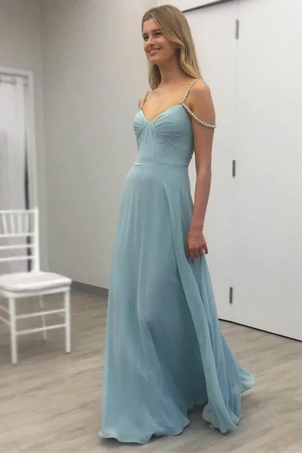 Sexy Blue Open Back Chiffon Long Prom Dresses,Simple Sleeveless Evening Dress OK684