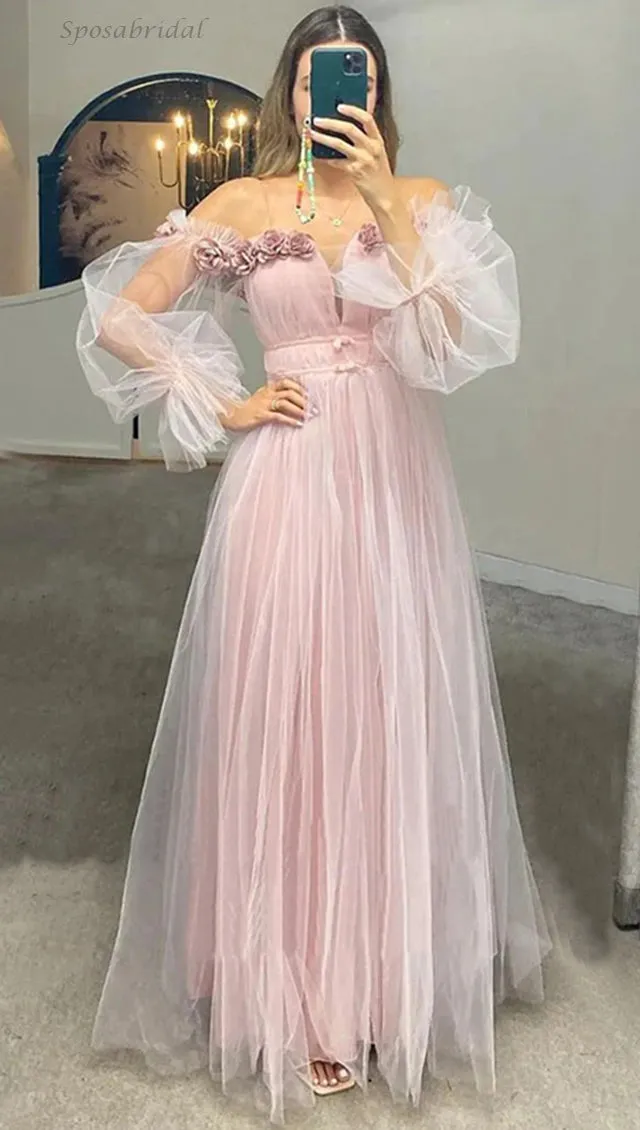 Sexy Blush Pink Off-shoulder Tulle A-line Long Prom Dress, PD3314