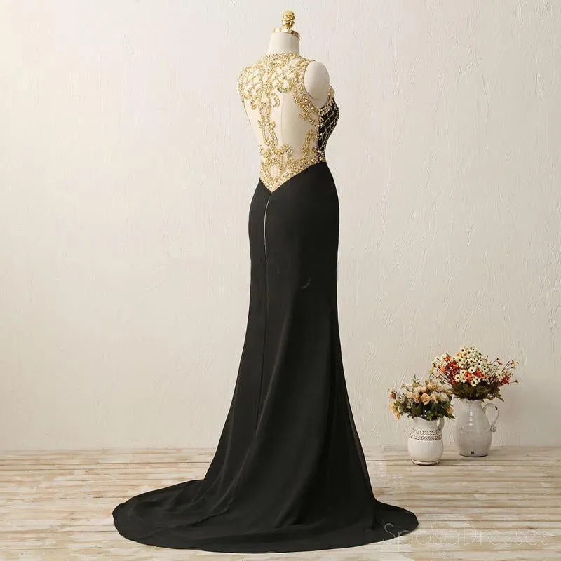 Sexy See Through Gold Heavily Beaded Black Evening Prom Dresses, Popular 2018 Party Prom Dresses, Custom Long Prom Dresses, Cheap Formal Prom Dresses, 17203