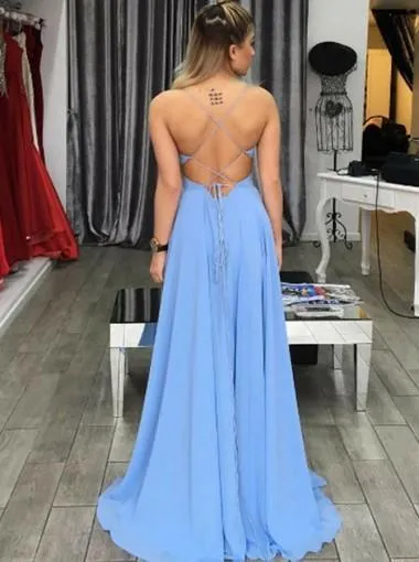 Sexy Simple Backless Blue Side Slit Long Evening Prom Dresses, 17586
