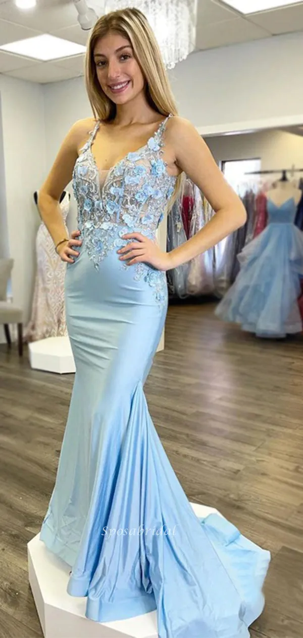 Sexy Sky Blue V-neck Lace Top Hollow Back Mermaid Long Prom Dress, PD3477