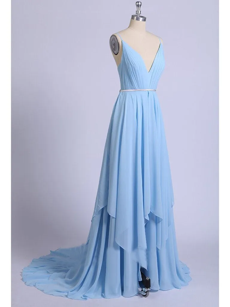Sexy Split Sky Blue Beach Simple Wedding Dress Chiffon Long Prom Dress