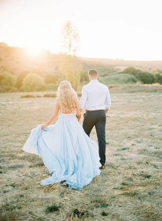 Sexy Split Sky Blue Beach Simple Wedding Dress Chiffon Long Prom Dress