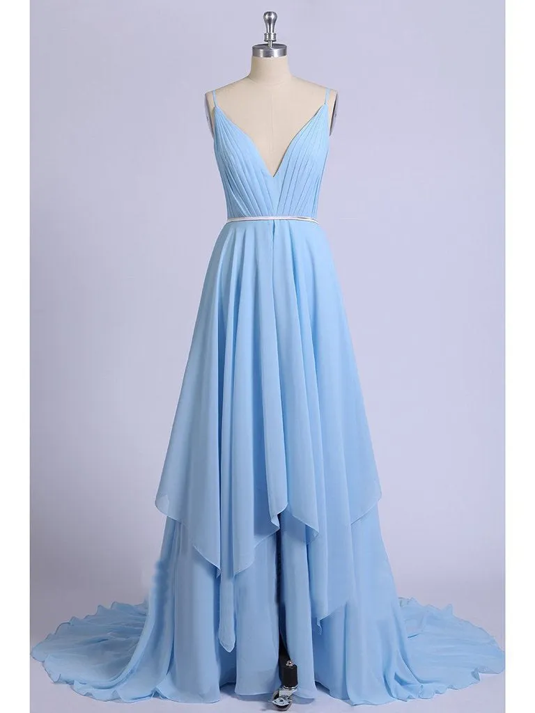 Sexy Split Sky Blue Beach Simple Wedding Dress Chiffon Long Prom Dress