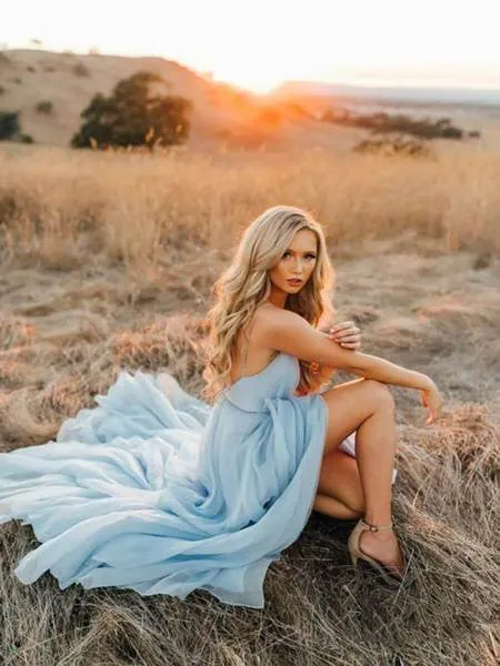 Sexy Split Sky Blue Beach Simple Wedding Dress Chiffon Long Prom Dress