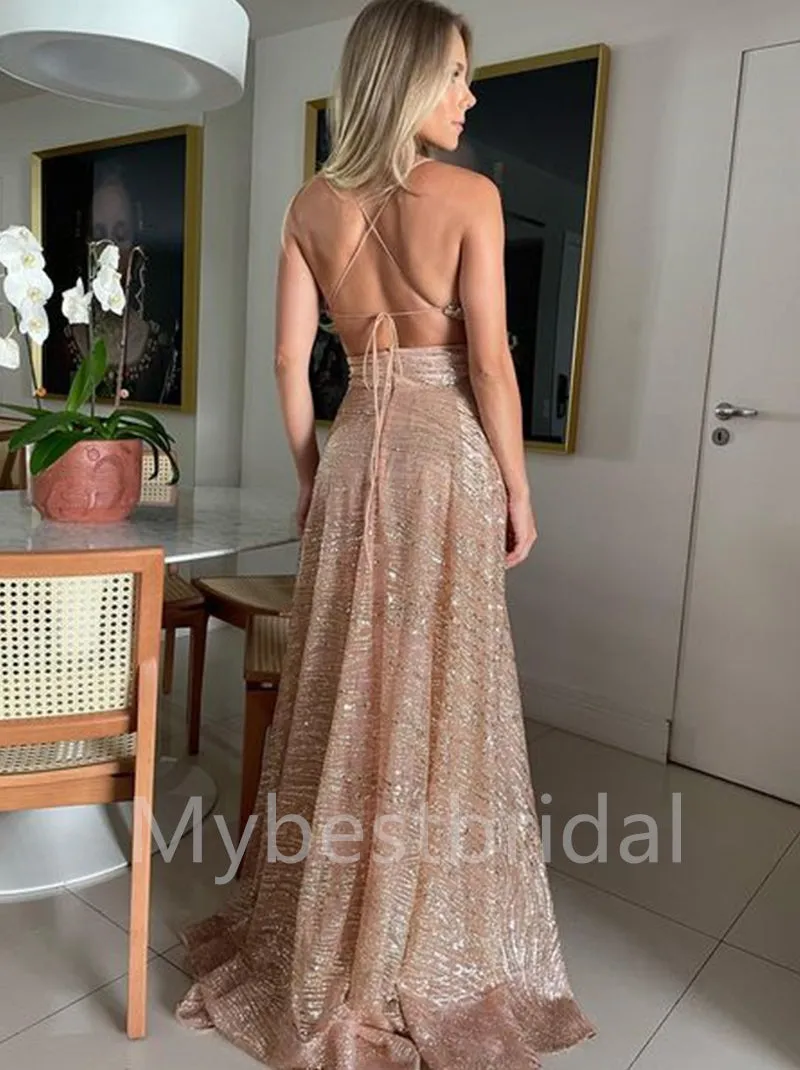 Sexy V-neck Sleeveless Side slit A-line Simple Prom Dresses ,PDS0325