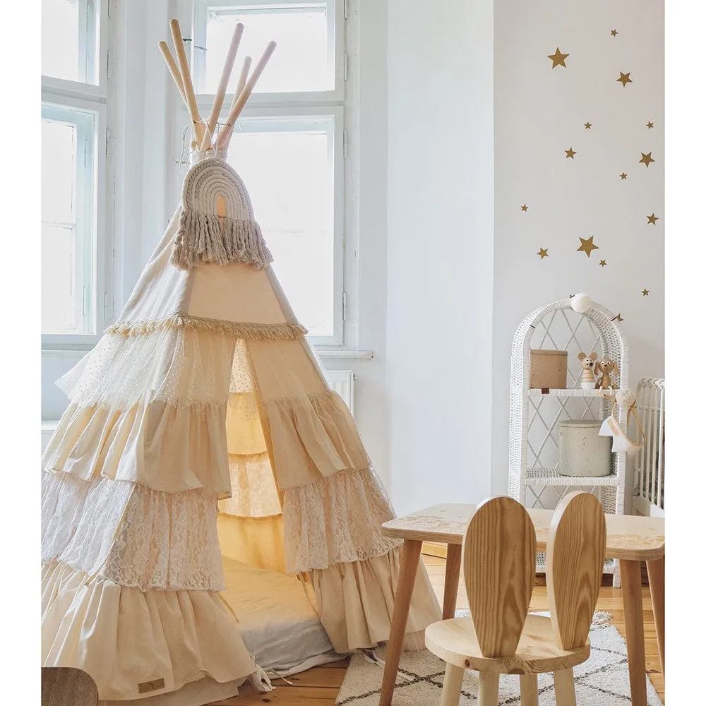 Shabby Chic Teepee With Frills And Linen Leaf Mat White - Beige & White