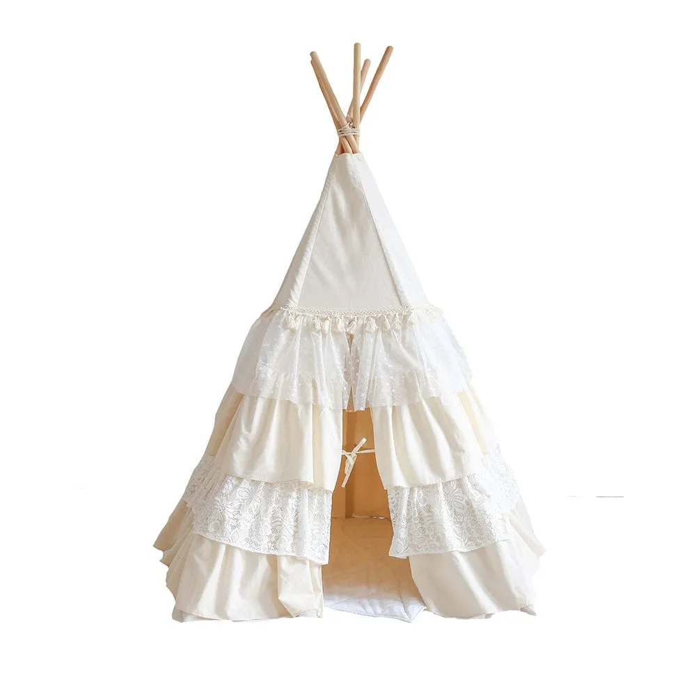 Shabby Chic Teepee With Frills And Linen Leaf Mat White - Beige & White