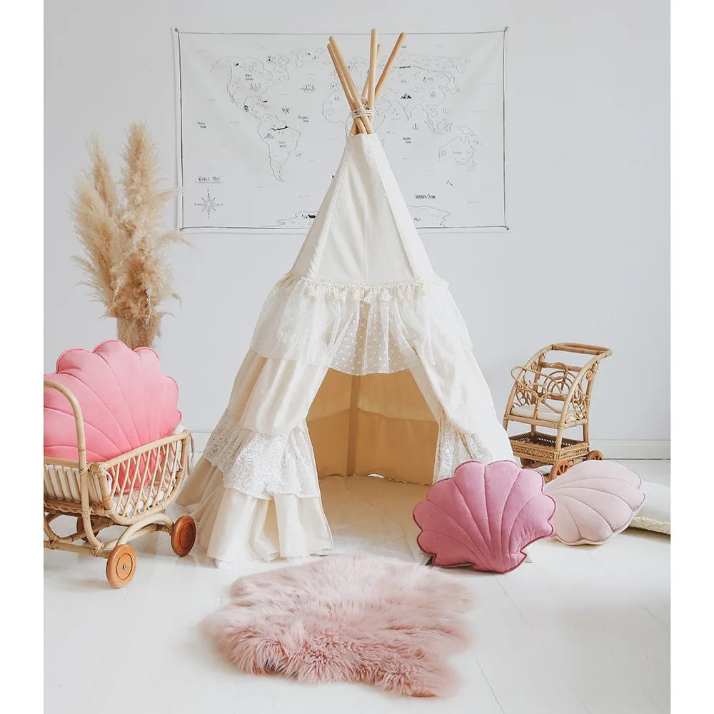 Shabby Chic Teepee With Frills And Linen Leaf Mat White - Beige & White