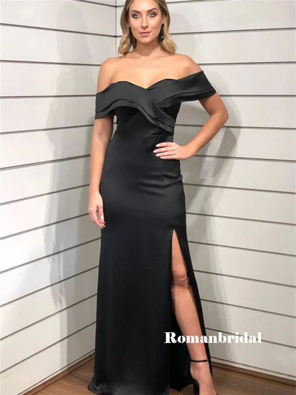 Sheath Off-shoulder Long Black Simple Prom Dresses With Split, PD0811