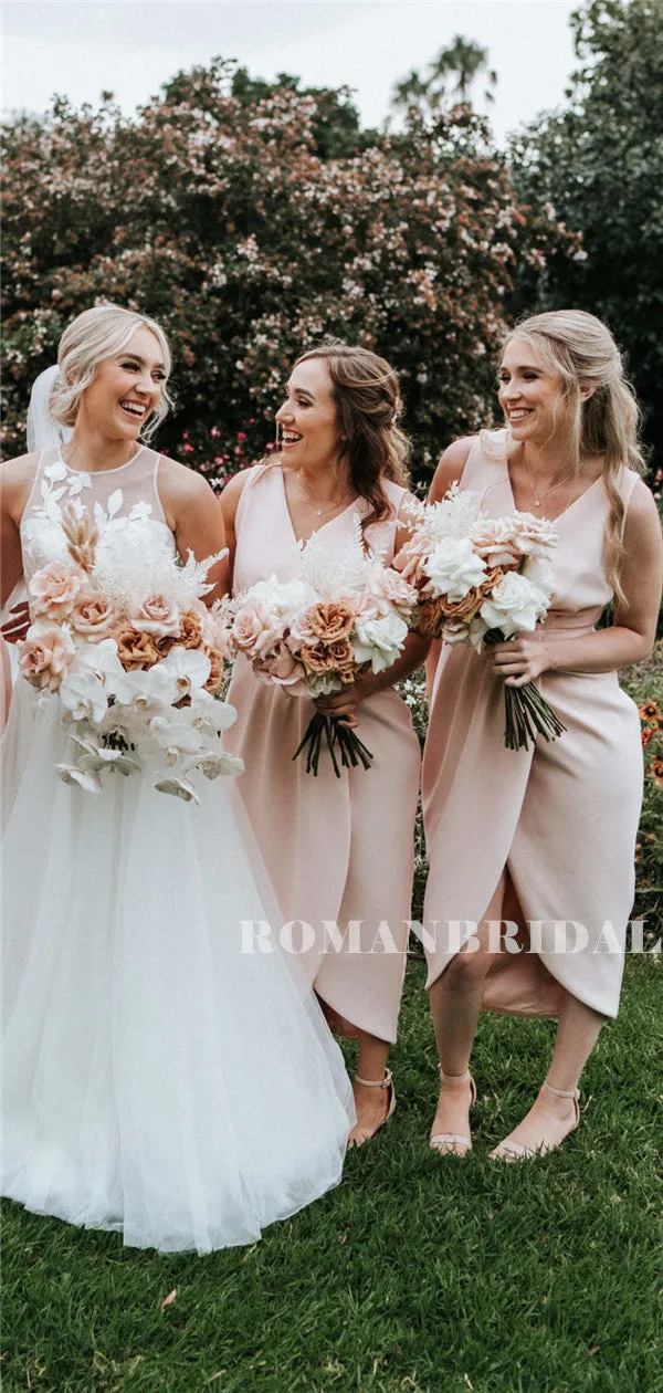 Sheath V-neck Sleeves Simple Short Bridesmaid Dresses With Split, BD0625