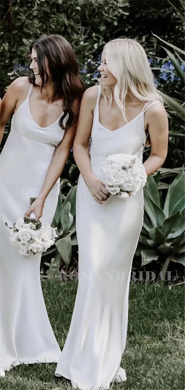 Sheath V-neck Spaghetti Starps Backless Long Bridesmaid Dresses, BD0640