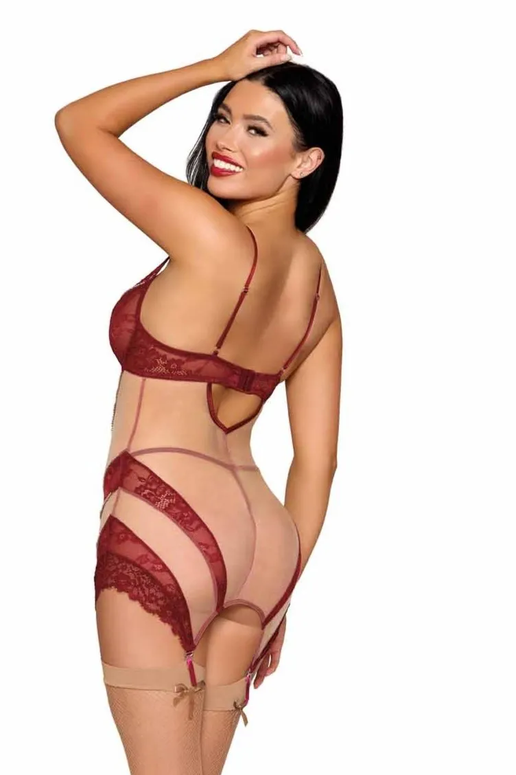 Sheer Nude Panel Garter Slip with Lace and Rhinestones