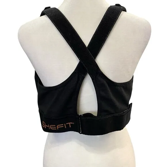 SHEFIT Women Sports Bra Size 38 Black Front Closure High Impact Running 80-18