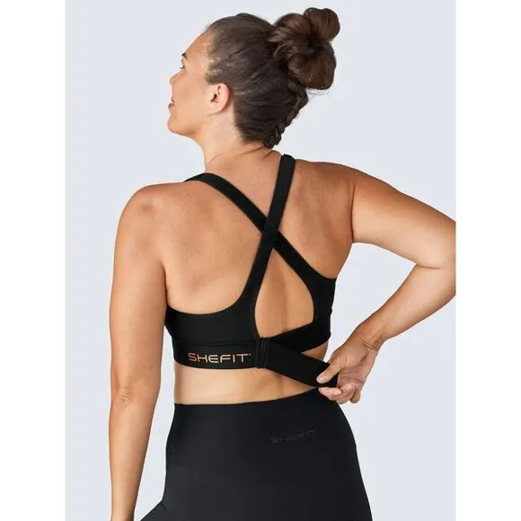 SHEFIT Women Sports Bra Size 38 Black Front Closure High Impact Running 80-18