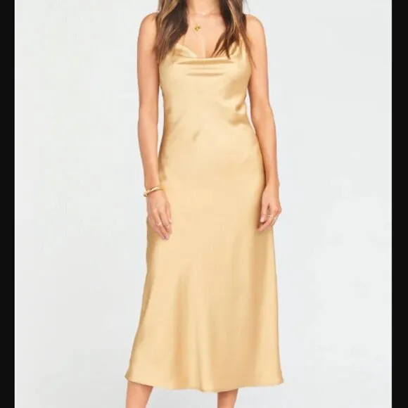 Show Me Your Mumu Verona Cowl Dress in True Gold Luxe Satin sz XS