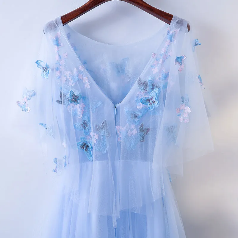 Simple A-line Blue Tulle with Lace Applique, Blue Floor Length Prom Dress