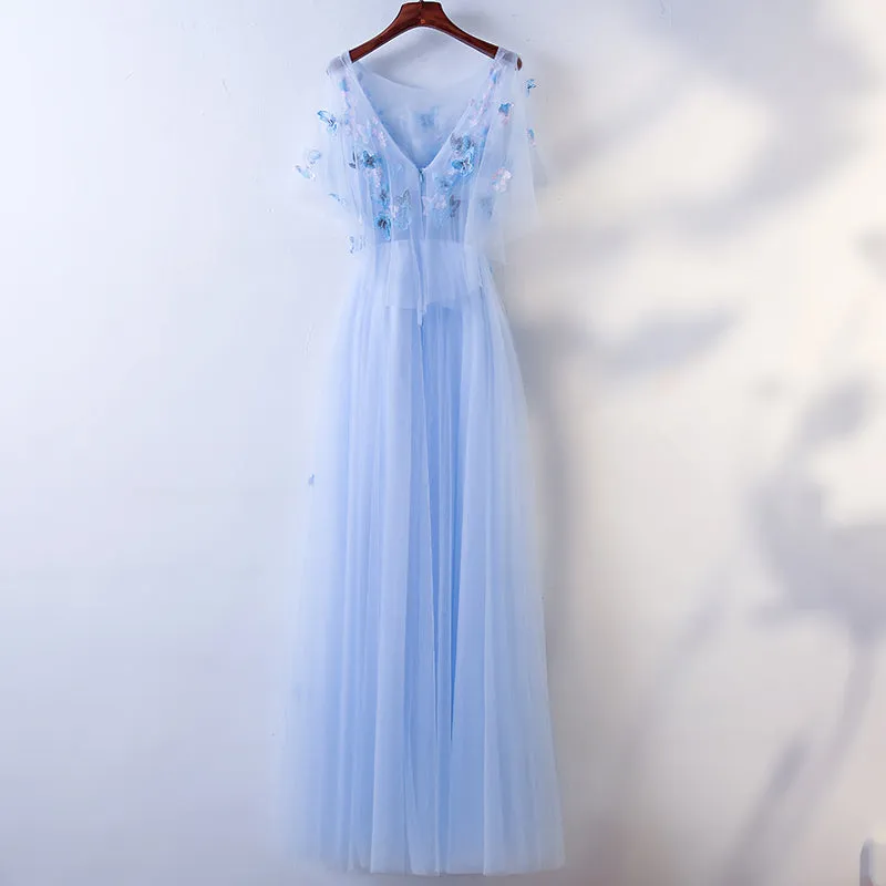 Simple A-line Blue Tulle with Lace Applique, Blue Floor Length Prom Dress