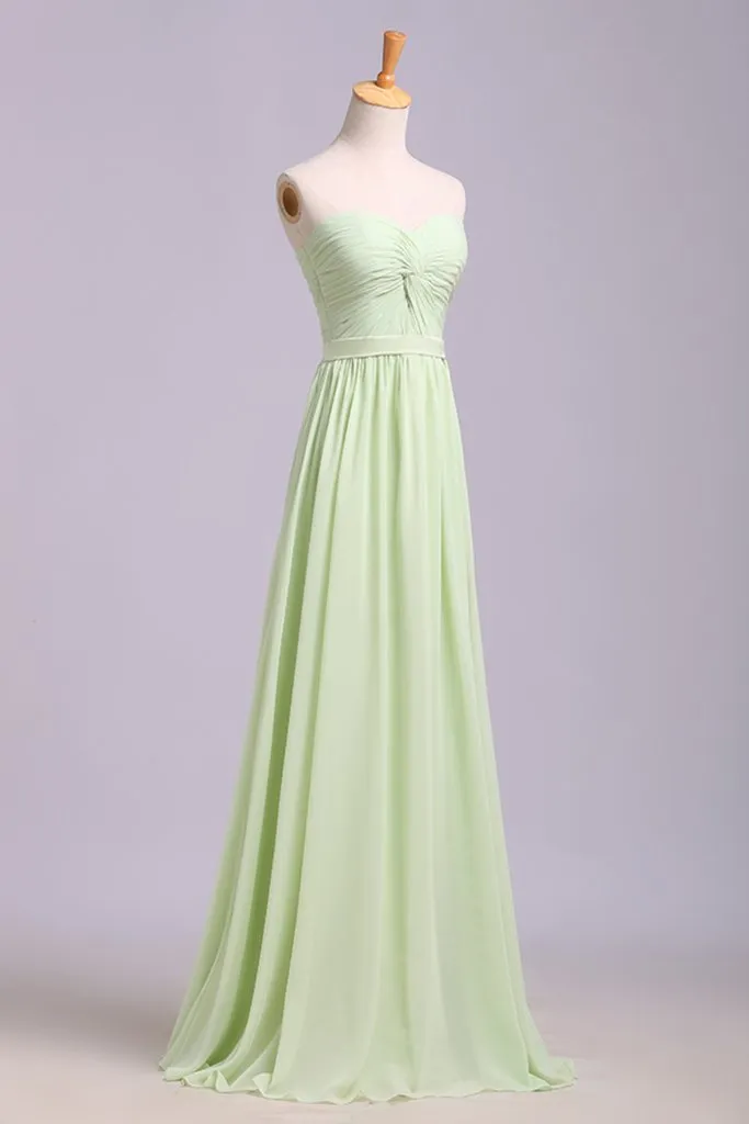 Simple A Line Floor Length Sweetheart Chiffon Belt Sage Long Prom Dress OK1024
