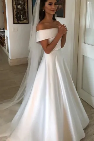 Simple A-line Ivory Wedding Dress Satin Off The Shoulder Bridal Gowns OKX3