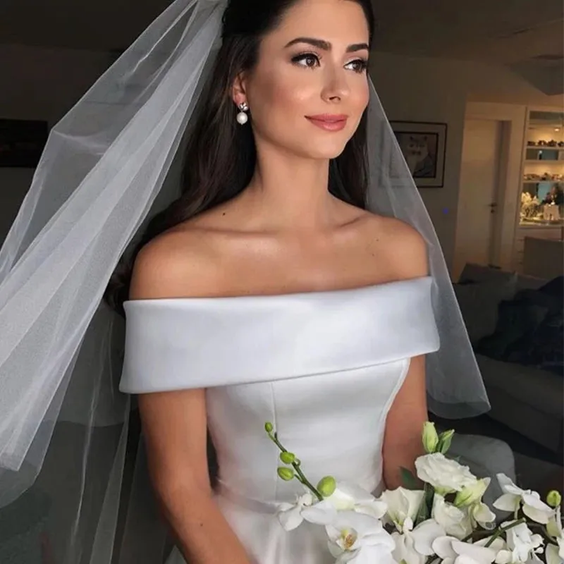 Simple A-line Ivory Wedding Dress Satin Off The Shoulder Bridal Gowns OKX3