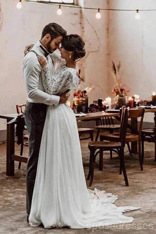 Simple A-line Long Sleeves Two Pieces Lace Wedding Dresses,WD753