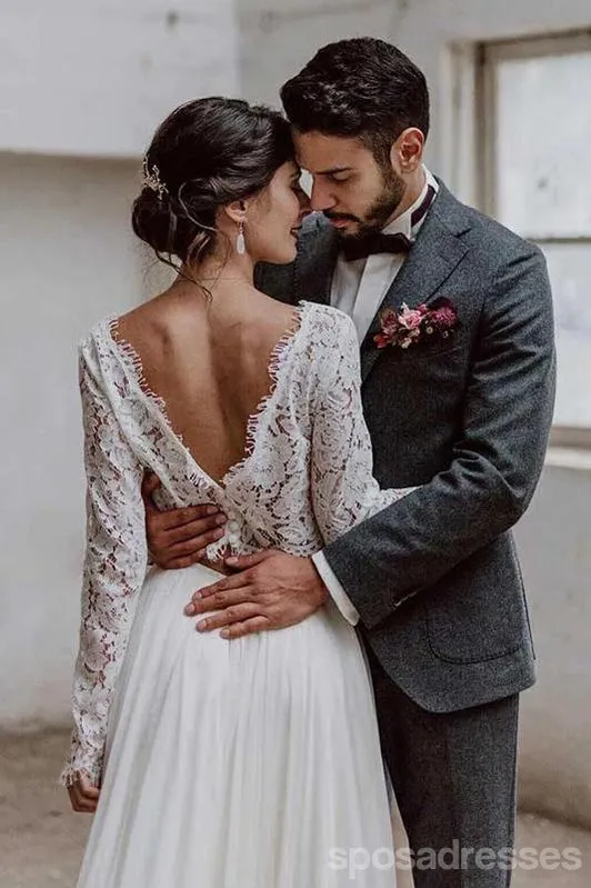 Simple A-line Long Sleeves Two Pieces Lace Wedding Dresses,WD753