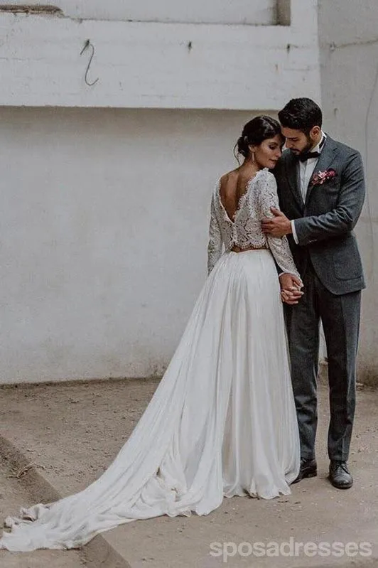 Simple A-line Long Sleeves Two Pieces Lace Wedding Dresses,WD753