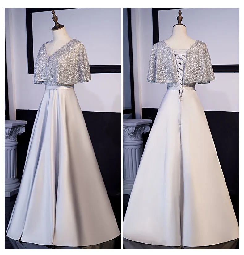 Simple A-line Satin and Lace Floor Length Bridesmaid Dress, Long Evening Dress Prom Dresses