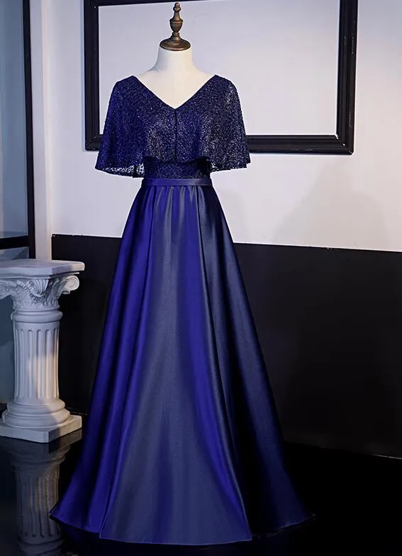 Simple A-line Satin and Lace Floor Length Bridesmaid Dress, Long Evening Dress Prom Dresses