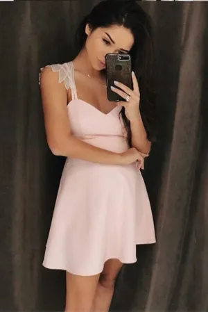 Simple A Line Spaghetti Straps Short Pink Homecoming Dress with Appliques OKD25