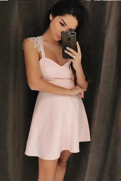 Simple A Line Spaghetti Straps Short Pink Homecoming Dress with Appliques OKD25