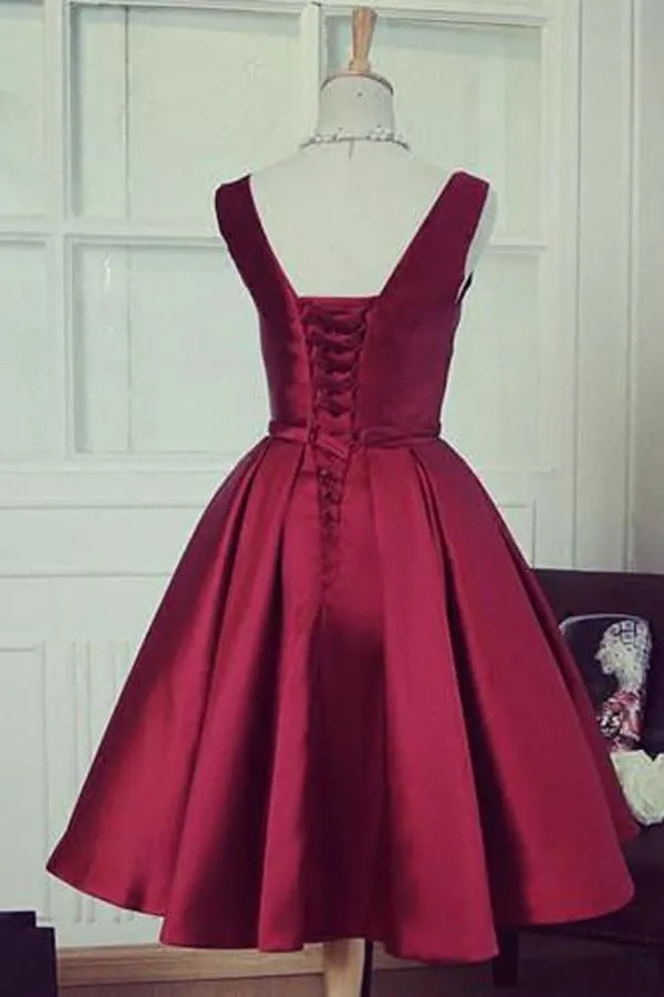 Simple A-line V Neck Burgundy Sleeveless Homecoming Dress Party Dresses, MH352