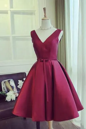 Simple A-line V Neck Burgundy Sleeveless Homecoming Dress Party Dresses, MH352
