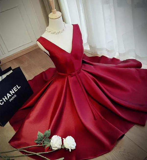 Simple A-line V Neck Burgundy Sleeveless Homecoming Dress Party Dresses, MH352