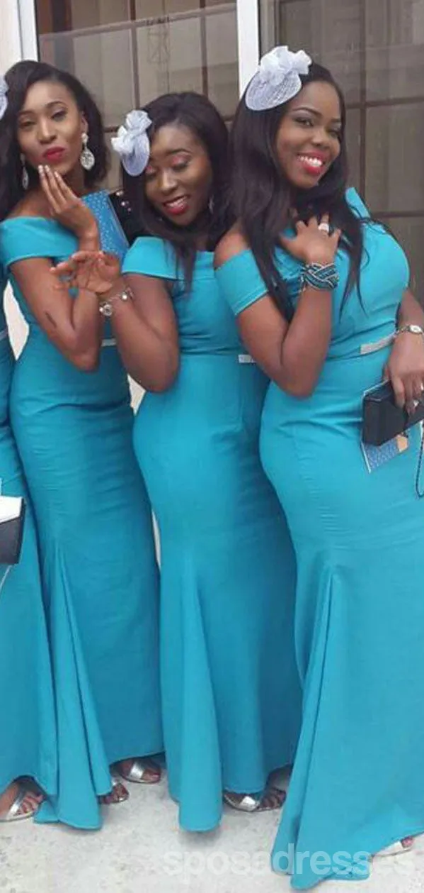 Simple Blue Mermaid Off Shoulder Cheap Long Bridesmaid Dresses,WG1401