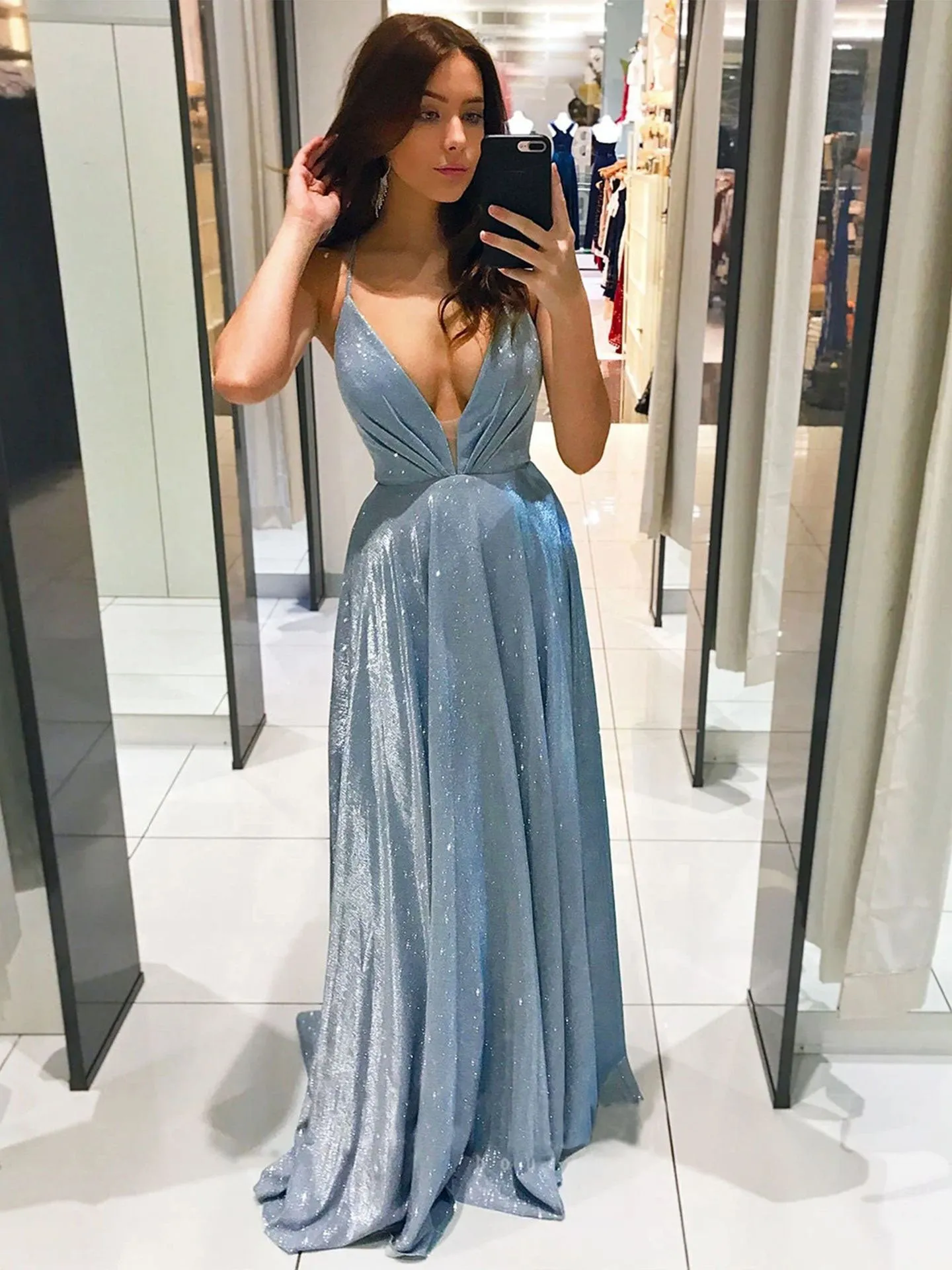 Simple blue satin long prom dress, blue evening dress